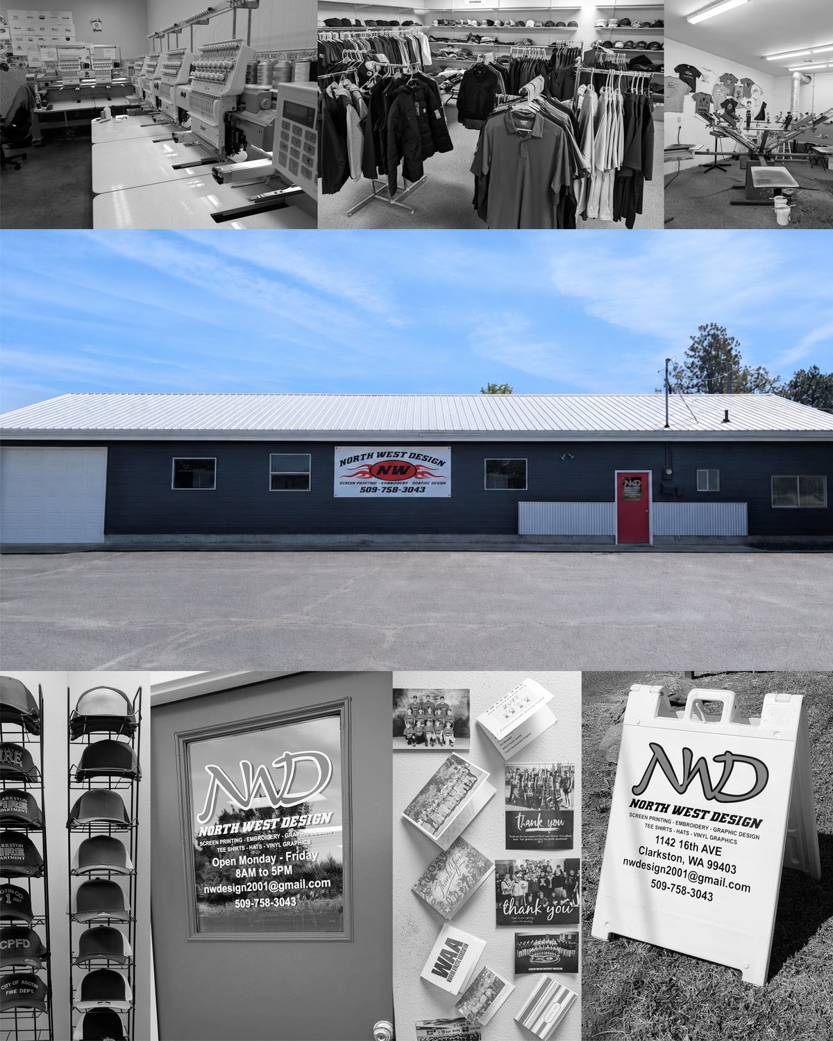 Inside North West Design — embroidery machines, screen-printing press, racks of apparel, the shop building in Clarkston, and finished pieces for local clients